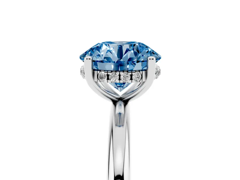Round Micro-Prong Hidden Halo Engagement Ring Setting for a Fancy Blue Lab-Grown Diamond | Plain Band | Sterling Silver