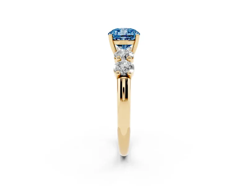Cushion Cut Five Stone Engagement Ring Setting for a Fancy Blue Lab-Grown Diamond | Prong Set Side Stones | Yellow Gold