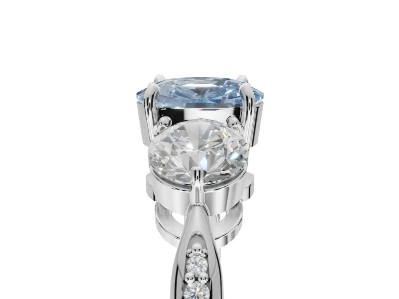 Cushion Cut Three Stone Engagement Ring Setting for a Fancy Blue Lab-Grown Diamond | Tapered Pave Band | White Gold