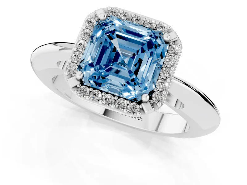 Fancy Blue Asscher Cut Diamond Halo Engagement Ring Set in Platinum with Plain Split Shank and Prong Setting