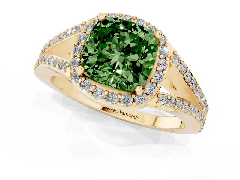 Cushion Cut Halo Engagement Ring Setting for a Fancy Green Lab-Grown Diamond | V-Split Pavé Band | Yellow Gold
