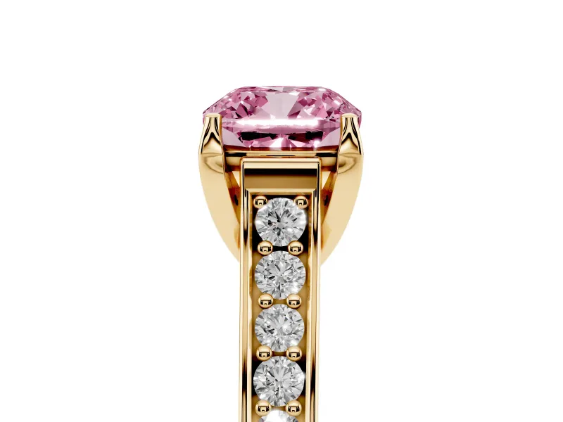 Fancy Pink Cushion Cut Diamond Solitaire Pavé Engagement Ring Set in Yellow gold with Prong Setting