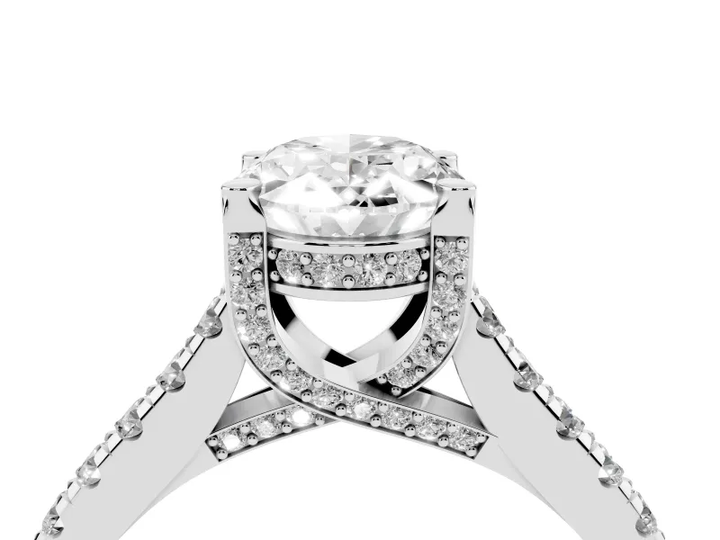 Oval Hidden Halo Pave Engagement Ring Setting | Claw Prongs | Sterling Silver