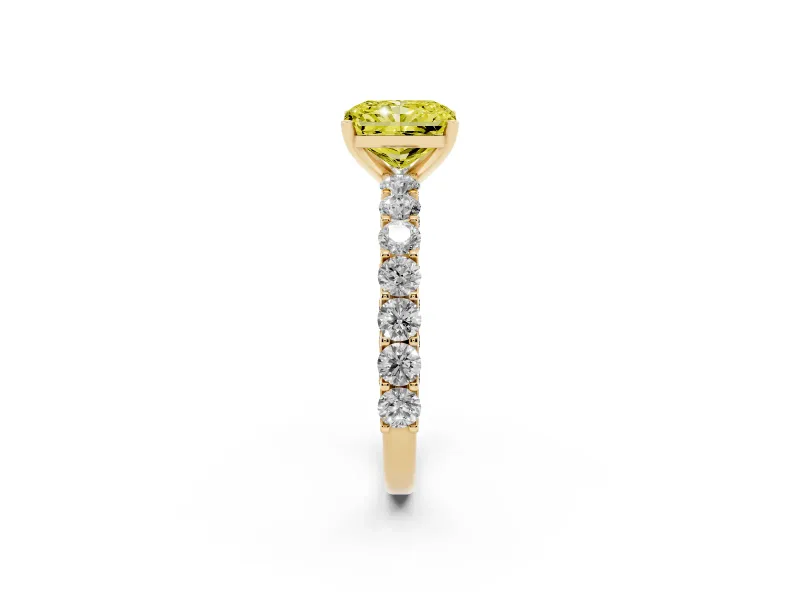 Radiant Cut Shared Prong Engagement Ring Setting for a Fancy Yellow Lab-Grown Diamond | Yellow Gold