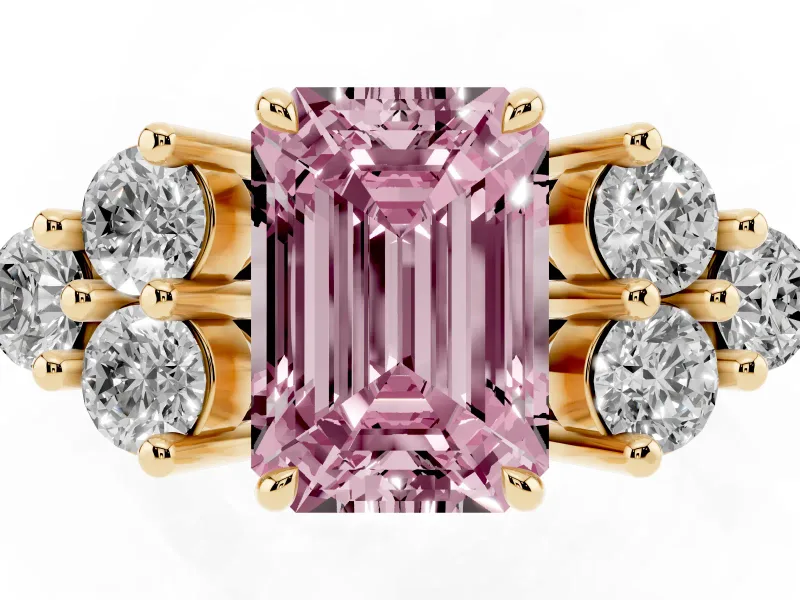 Emerald Cut Cluster Side Stone Engagement Ring Setting for a Fancy Pink Lab-Grown Diamond | Plain Band | Yellow Gold