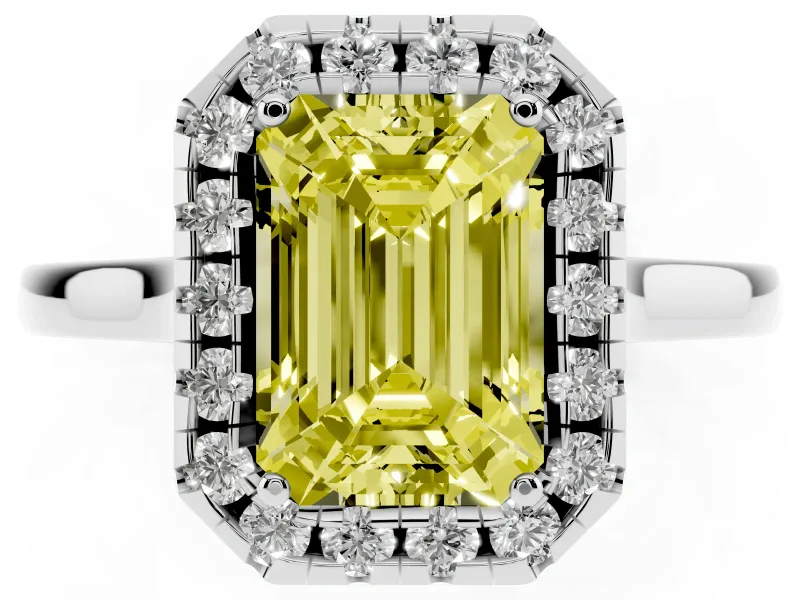 Fancy Yellow Emerald Cut Halo Round Diamond Solitaire Ring Set in White gold with Pavé Band and Prong Setting