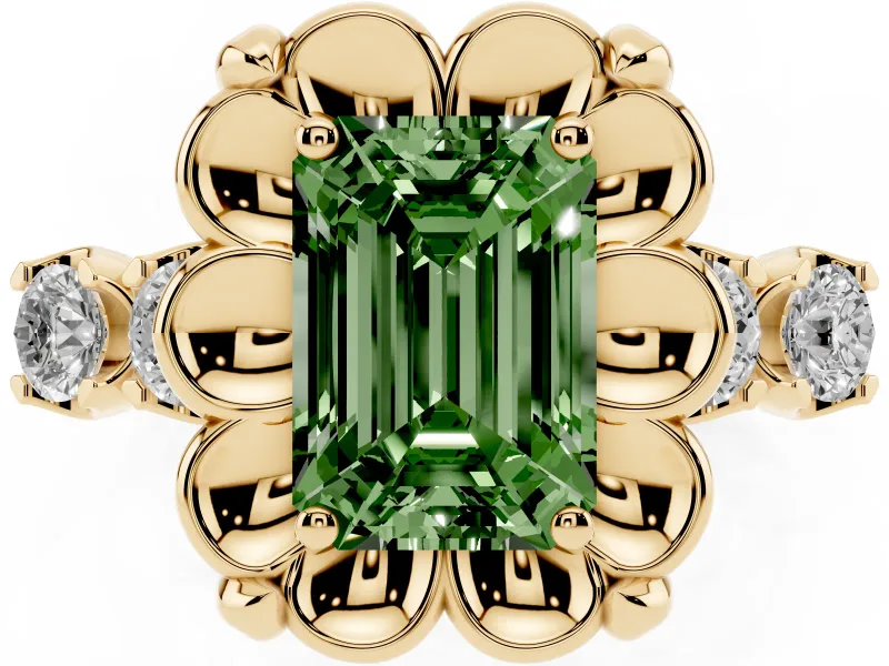 Emerald Cut Floral Engagement Ring Setting for a Fancy Green Lab-Grown Diamond | Petal Frame | Yellow Gold