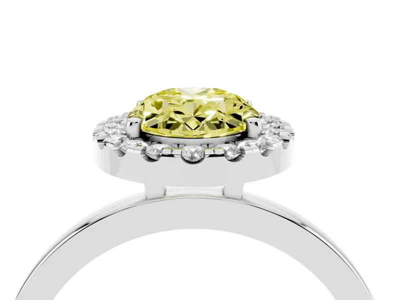 Fancy Yellow Oval Cut Diamond Halo Solitaire Ring Set in Platinum with Pavé Band and Prong Setting