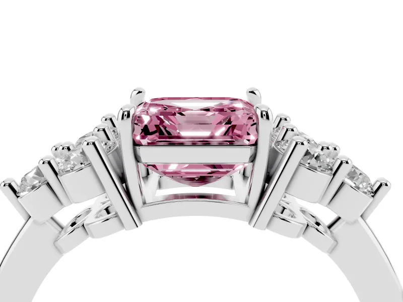 Fancy Pink Asscher Cut Diamond Solitaire Ring Set in White gold with Cluster Accents on Each Side