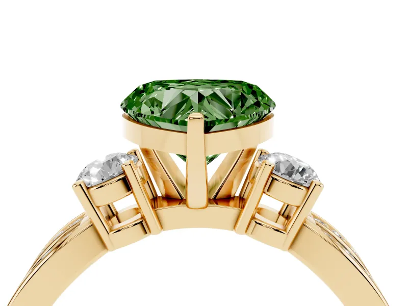 Fancy Green Three-Stone Heart Cut Diamond Twist Band Ring Set in Yellow gold with Pavé Accents and Prong Setting