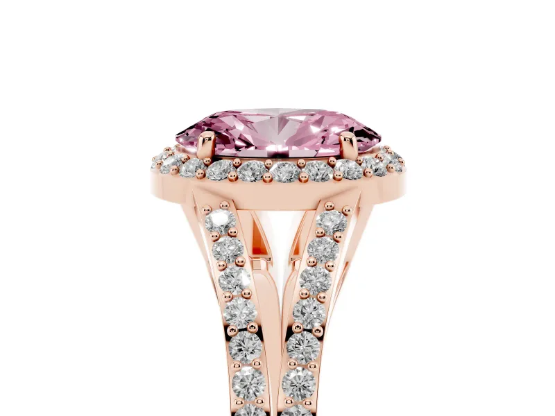 Oval Halo Engagement Ring Setting for a Fancy Pink Lab-Grown Diamond | V-Split Pavé Band | Rose Gold