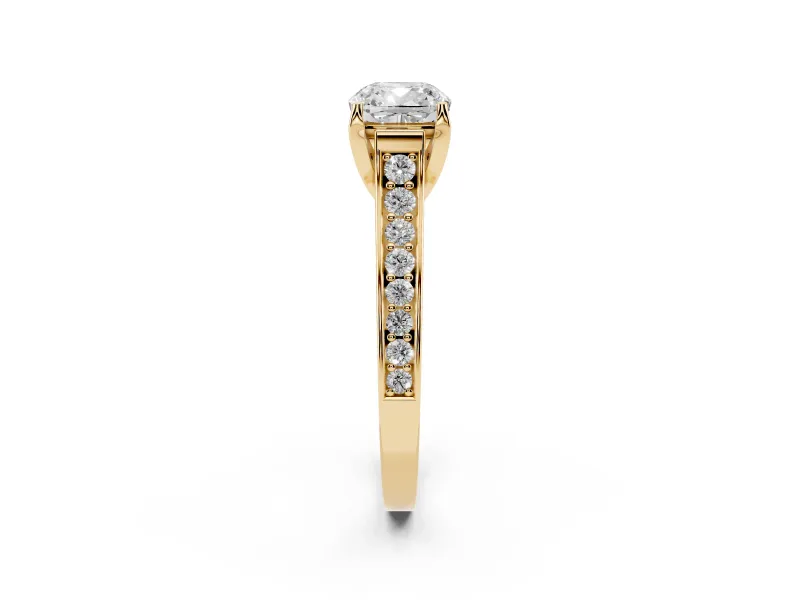 Cushion Cut Graduated Pavé Solitaire Engagement Ring Setting | Wide Pavé Row Band | Yellow Gold
