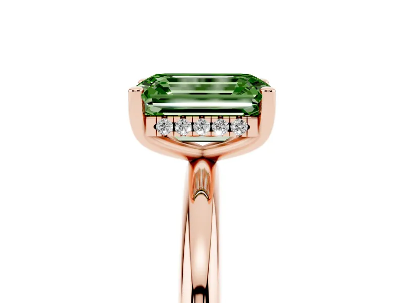 Fancy Green Emerald Cut Diamond Solitaire Engagement Ring Set in Rose gold with Prong Setting and Polished Band