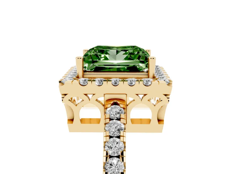 Fancy Green Princess Cut Diamond Pavé Band Halo Engagement Ring Set in Yellow gold with Prong Setting