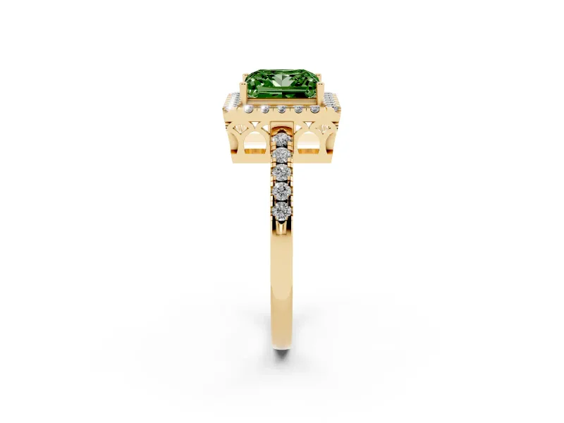 Fancy Green Princess Cut Diamond Pavé Band Halo Engagement Ring Set in Yellow gold with Prong Setting