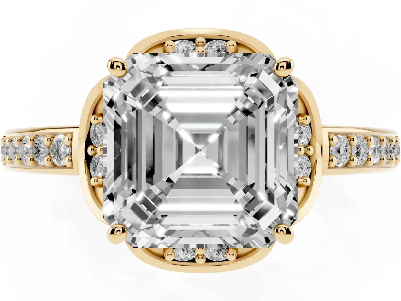 Asscher Cut Floral Pavé Engagement Ring Setting | Petal Accents | Yellow Gold