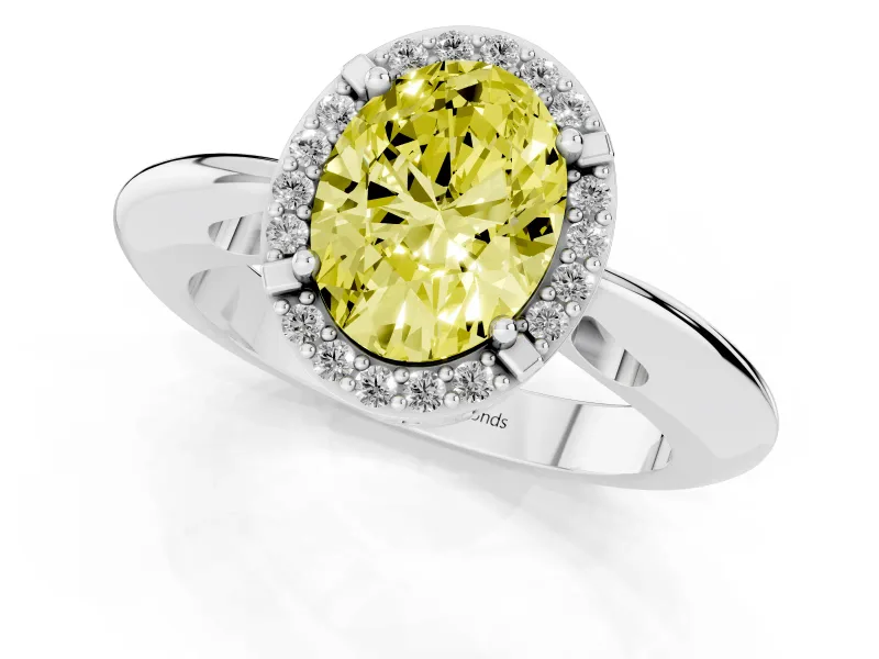 Fancy Yellow Oval Cut Diamond Halo Engagement Ring Set in Silver with Plain Split Shank and Prong Setting