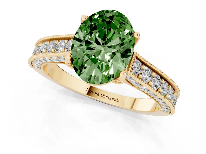 Oval Vintage Hidden Halo Engagement Ring Setting for a Fancy Green Lab-Grown Diamond | Milgrain Pave Band | Yellow Gold