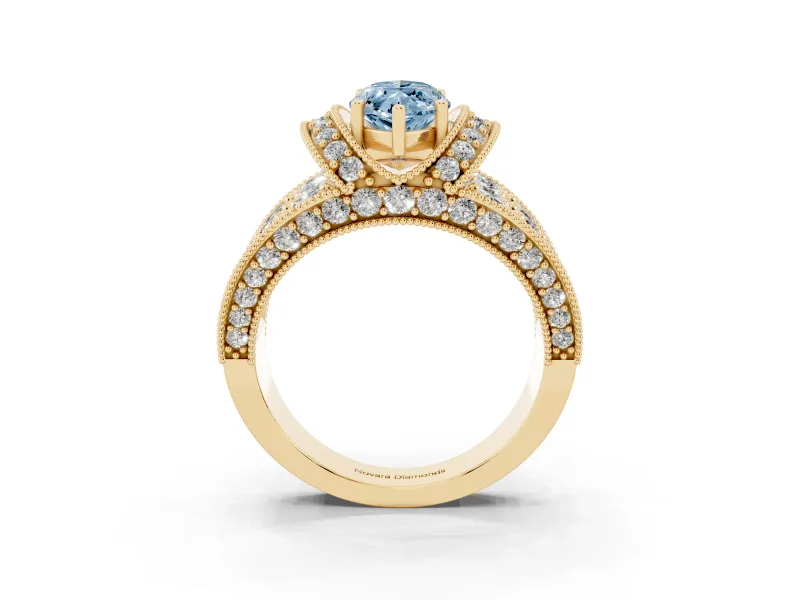 Marquise Vintage Pave Engagement Ring Setting for a Fancy Blue Lab-Grown Diamond | Milgrain Edges | Yellow Gold