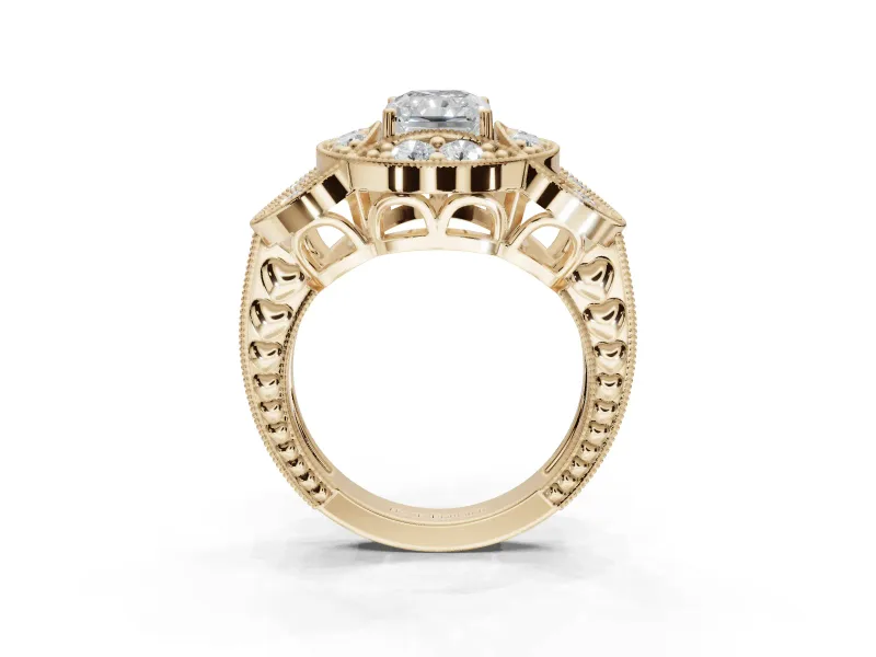 Radiant Cut Vintage Floral Halo Engagement Ring Setting | Engraved Milgrain Band | Yellow Gold