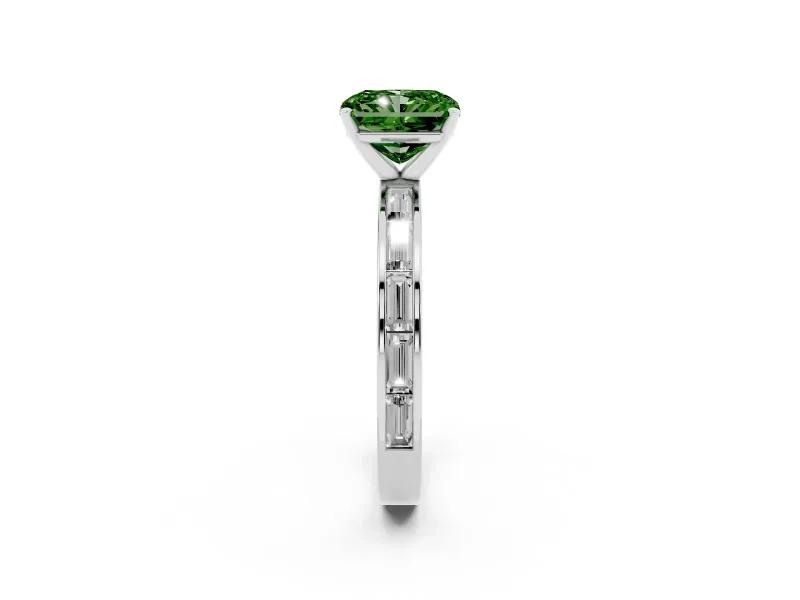 Fancy Green Radiant Cut Diamond Solitaire Ring Set in Platinum with Channel-Set Baguette Band and Prong Setting