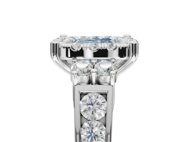 Cushion Cut Halo Engagement Ring Setting for a Fancy Blue Lab-Grown Diamond | Graduated Channel Band | White Gold
