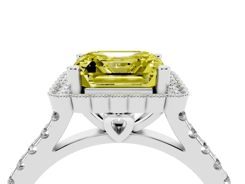 Fancy Yellow Asscher Cut Diamond Milgrain Floral Halo Engagement Ring Set in White gold with Pavé Band