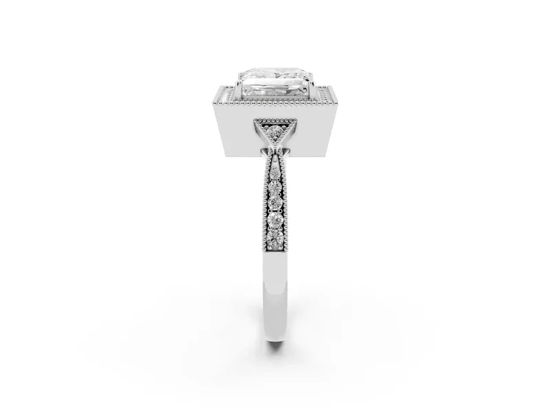Princess Cut Diamond Halo Engagement Ring Set in White gold with Milgrain Pavé Band