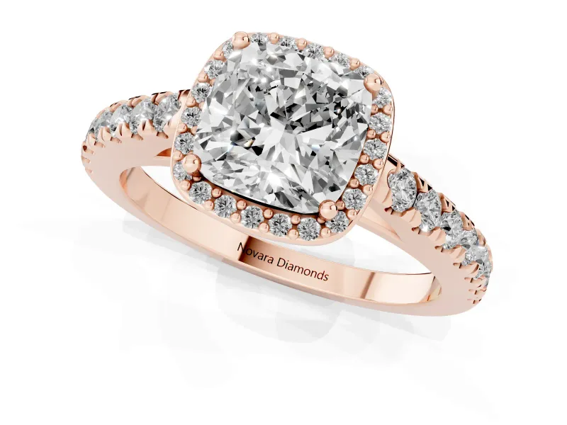 Cushion Cut Diamond Halo Engagement Ring Set in Rose gold with Pavé Band and Prong Setting