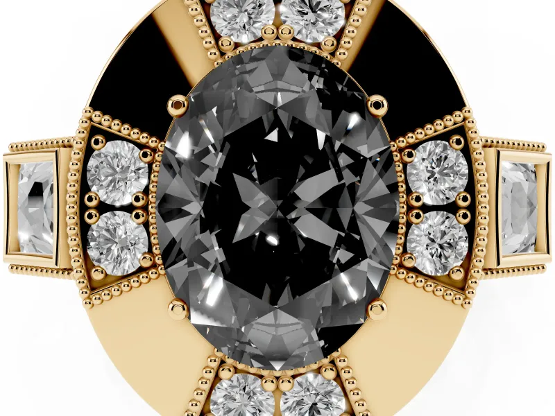 Fancy Black Oval Cut Diamond Milgrain Halo Ring Set in Yellow gold with Split Shank