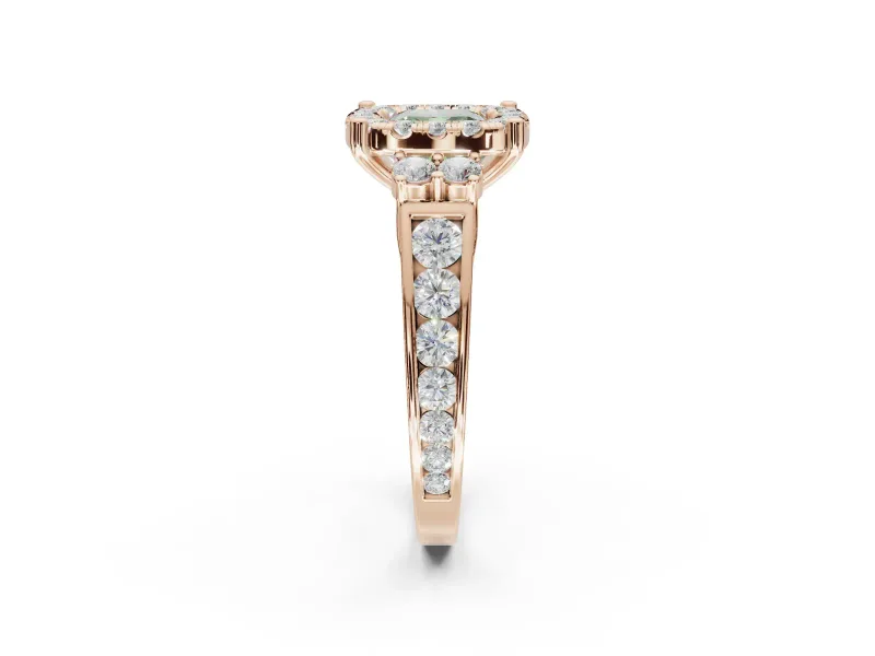 Cushion Cut Halo Engagement Ring Setting for a Fancy Green Lab-Grown Diamond | Graduated Channel Band | Rose Gold