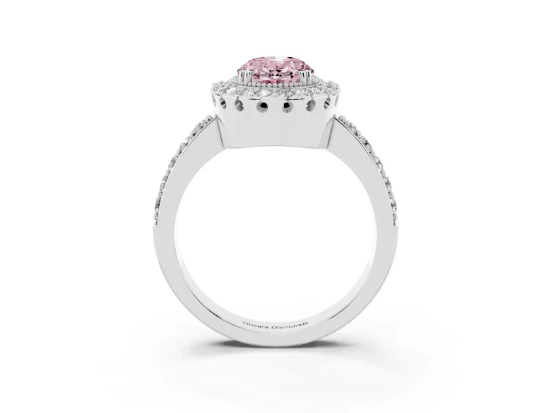 Fancy Pink Oval Cut Diamond Halo Ring Set in Silver with Pavé Shank and Prong Setting