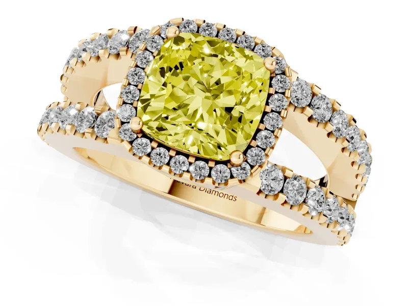 Fancy Yellow Cushion Cut Diamond Halo Ring Set in Yellow gold with Pavé Split Shank and Prong Setting