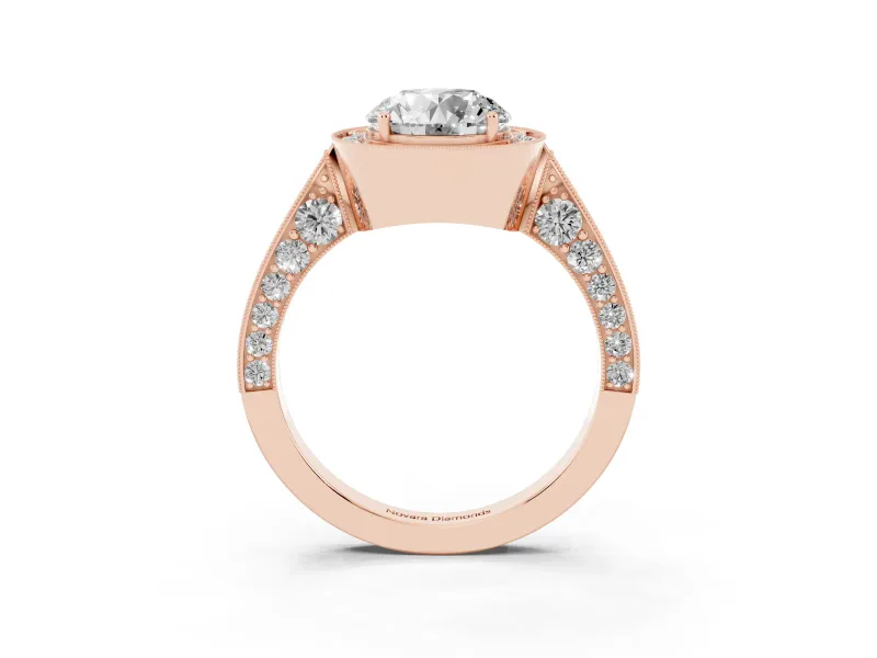 Round Vintage Milgrain Halo Engagement Ring Setting | Side Stones and Pave | Rose Gold