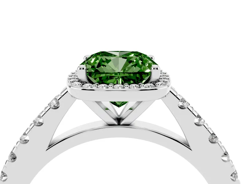 Fancy Green Cushion Cut Diamond Halo Engagement Ring Set in Platinum with Pavé Band and Prong Setting