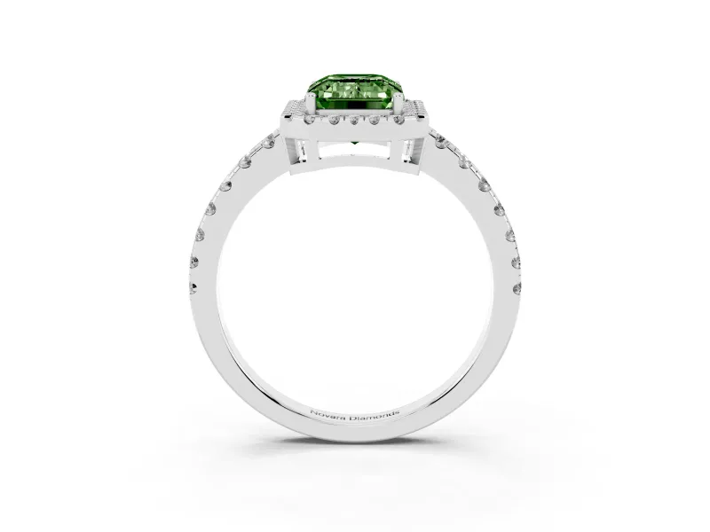 Fancy Green Emerald Cut Diamond Halo Ring Set in White gold with Delicate Pavé Band and Prong Setting