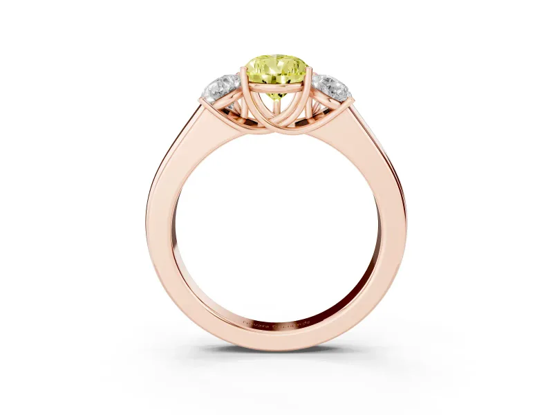 Fancy Yellow Three-Stone Pear Cut Diamond Ring Set in Rose gold with Matching Prong Settings and Plain Band