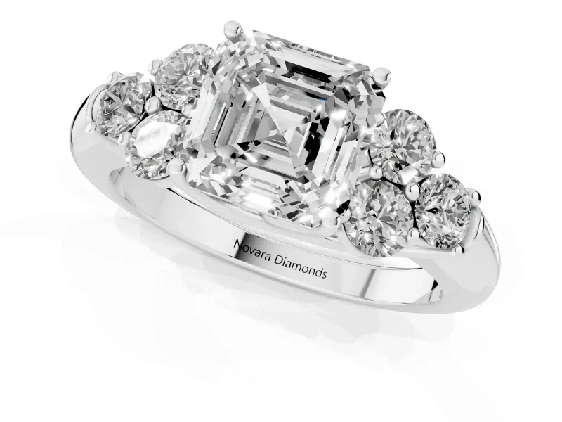 Asscher Cut Diamond Cluster Ring Set in Silver with Round Accent Stones and Prong Setting on a Plain Band