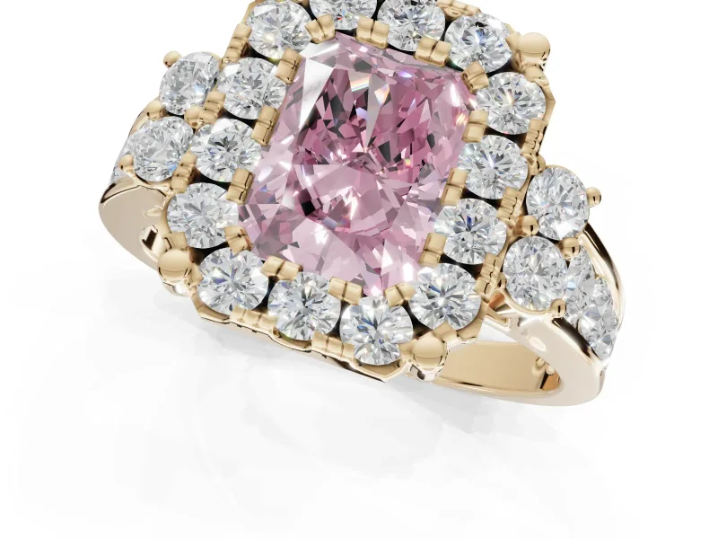 Radiant Cut Halo Engagement Ring Setting for a Fancy Pink Lab-Grown Diamond | Graduated Channel Band | Yellow Gold