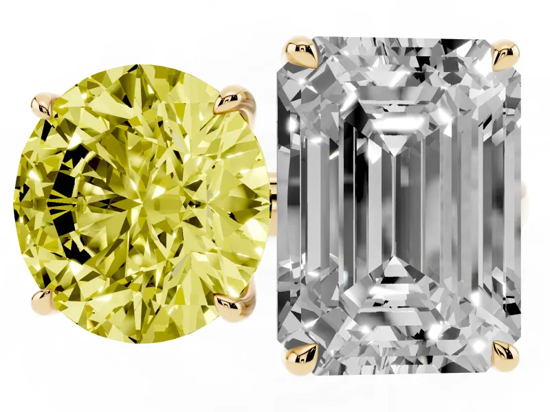 Fancy Yellow Round Cut and Emerald Cut Toi Moi Ring Set in Yellow gold with Prong Setting