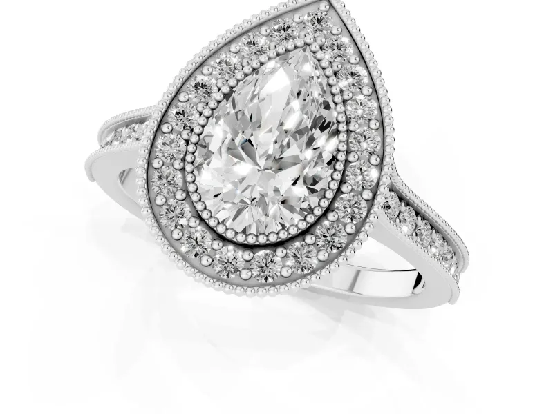 Pear-Shaped Vintage Milgrain Halo Engagement Ring Setting | Bezel Head | Sterling Silver