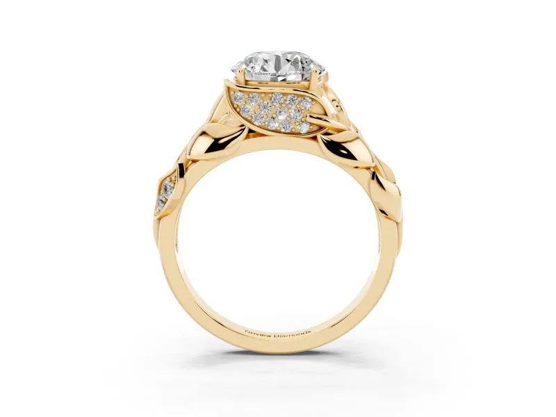 Round Leaf Bypass Engagement Ring Setting | Pave Leaf Accents | Yellow Gold