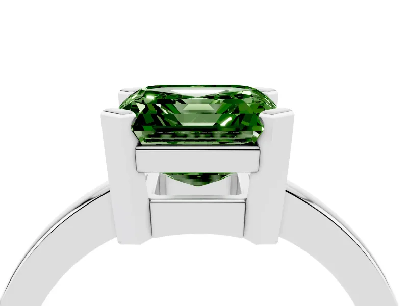 Fancy Green Asscher Cut Diamond Solitaire Ring Set in White gold with Prong Head and Smooth Polished Band
