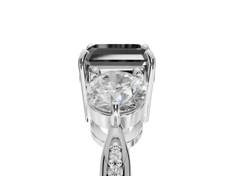 Fancy Black Asscher Cut Lab-Grown Diamond Three-Stone Ring Set in Platinum with Channel-Set Band and Prong Setting