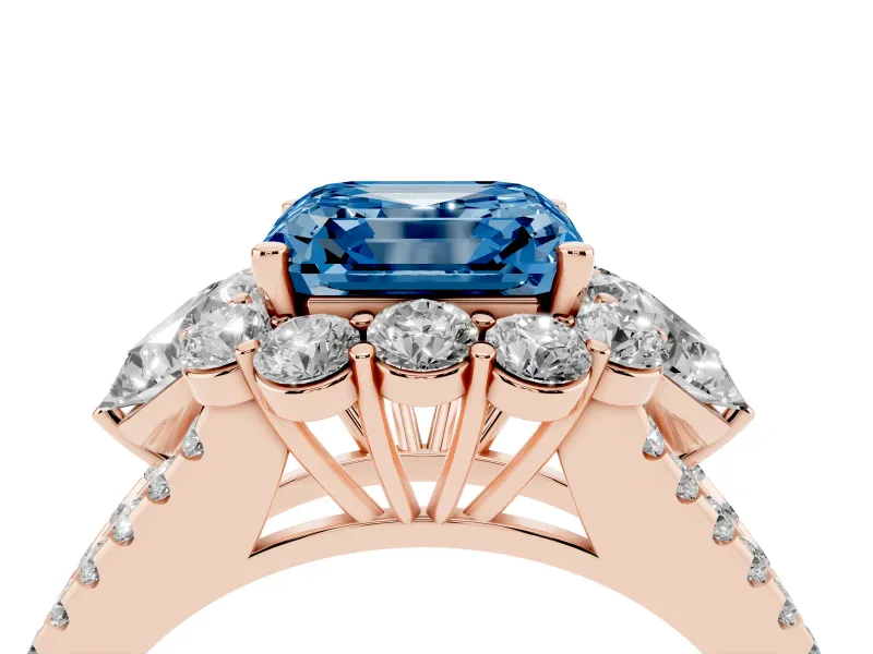 Fancy Blue Asscher Cut Diamond Halo Split Shank Engagement Ring Set in Rose gold with Prong-Held Center Stone