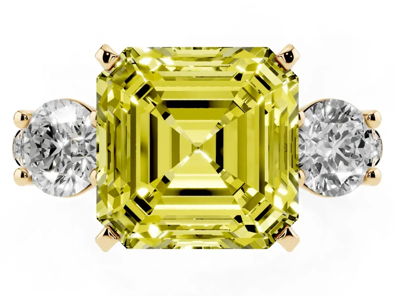 Fancy Yellow Three-Stone Asscher Cut Diamond Pavé Band Ring Set in Yellow gold with Prong-Set Trio
