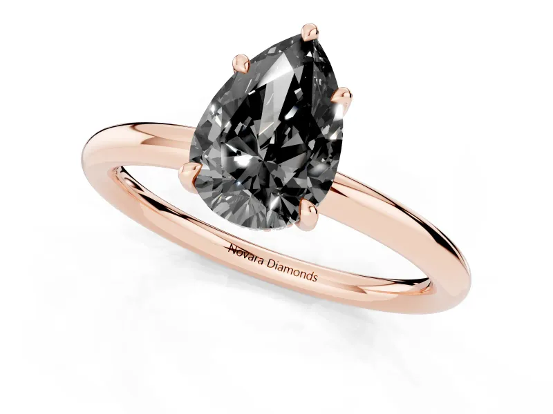 Fancy Black Pear Cut Diamond Solitaire Ring Set in Rose gold with Thin Band and Prong Setting