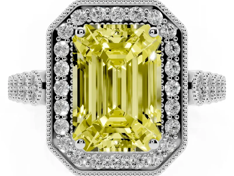 Emerald Cut Graduated Milgrain Halo Engagement Ring Setting for a Fancy Yellow Lab-Grown Diamond | Sterling Silver