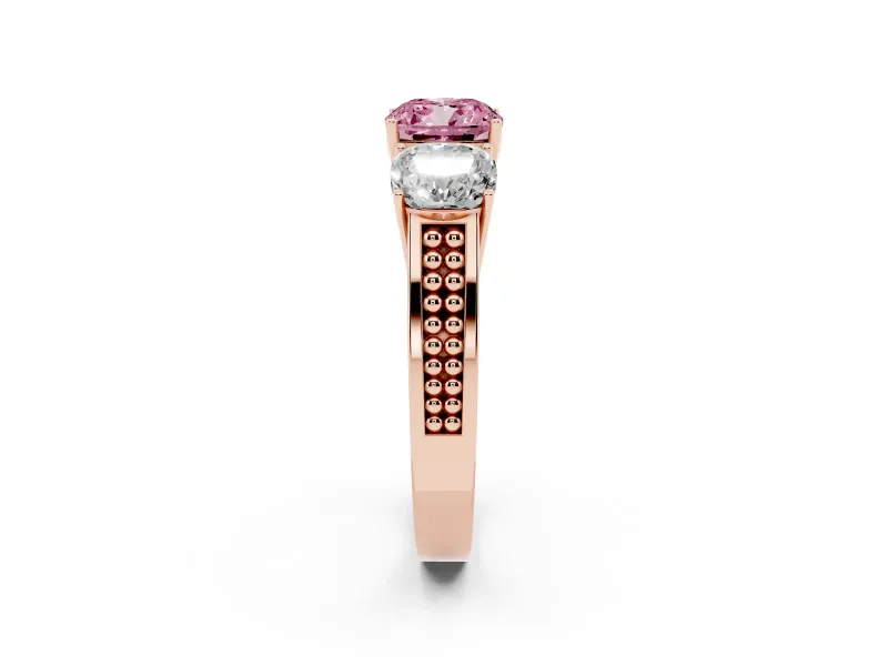 Fancy Pink Cushion Cut Diamond Three-Stone Ring Set in Rose gold with Textured Band