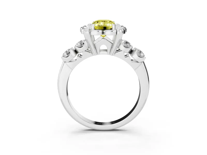 Emerald Cut Floral Engagement Ring Setting for a Fancy Yellow Lab-Grown Diamond | Petal Frame and Side Stones | Platinum